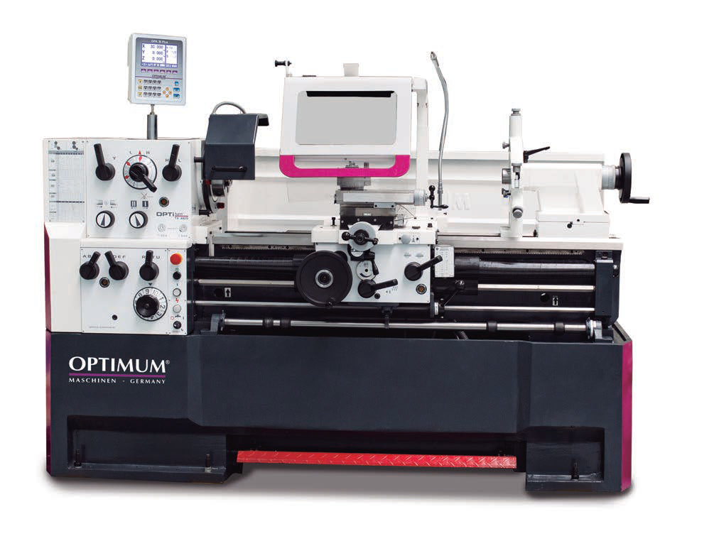 Torno, blanco y negro con detalles en morado, con panel de control.