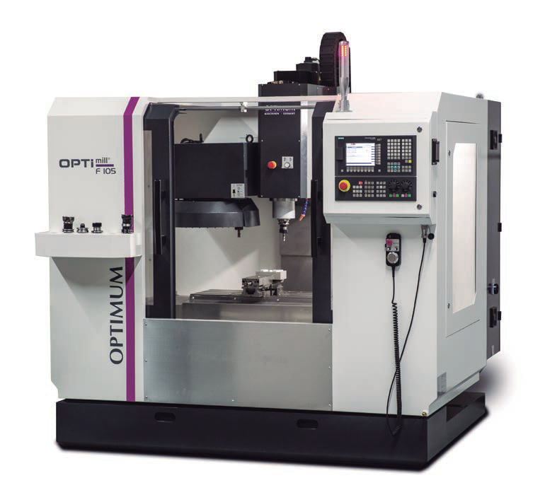 Fresadora CNC, color blanco y morado, marca OPTIMUM, mandos a la derecha, cabezal herramienta dentro de armario cerrado.