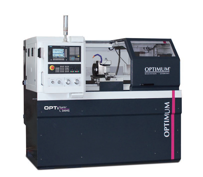 Torno CNC, color gris oscuro y blanco, marca OPTIMUM, para trabajar metales.