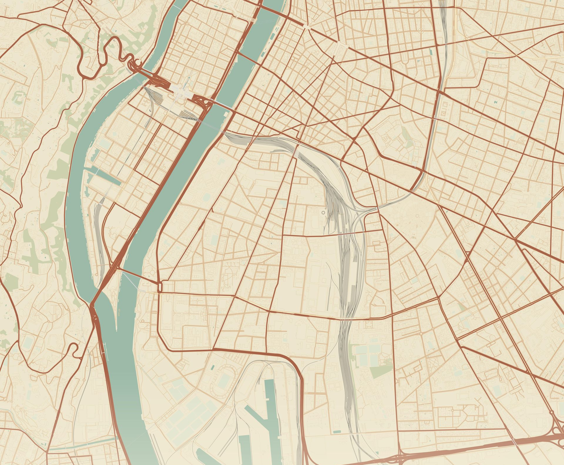 Carte de ville de style vintage avec une rivière, des ponts et un réseau dense de rues.