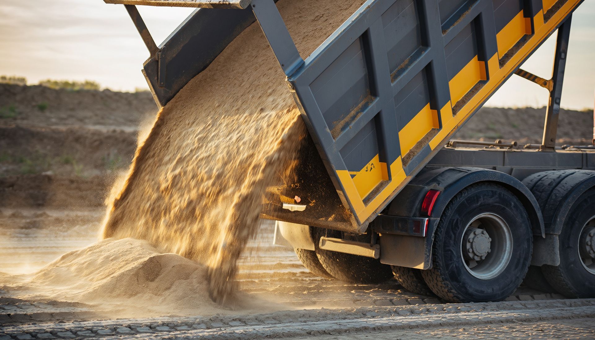 Un camion-benne décharge un gros tas de sable sur un chantier de construction.
