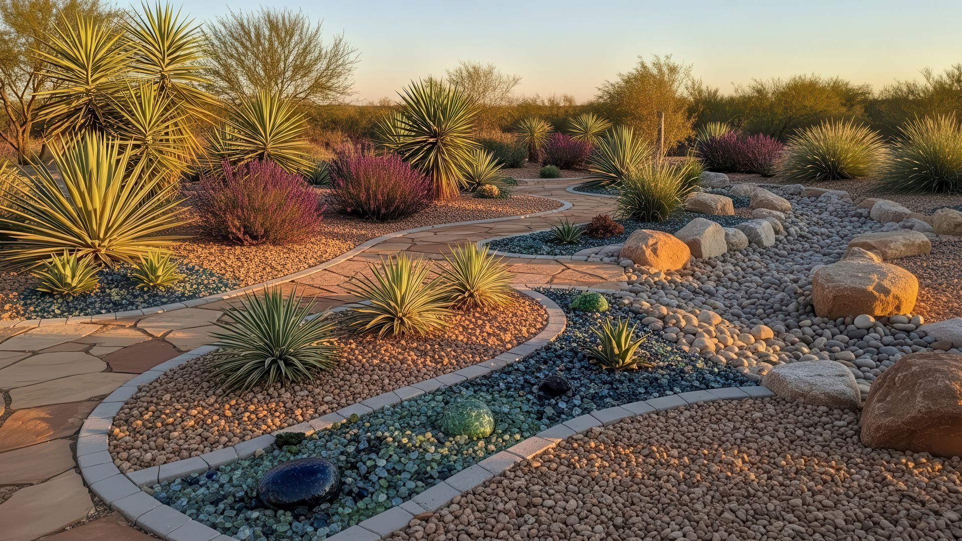 Un jardin xérophile désertique avec des sentiers sinueux, du gravier, des plantes du désert et des pierres décoratives en verre bleu sous un ciel de coucher de soleil.