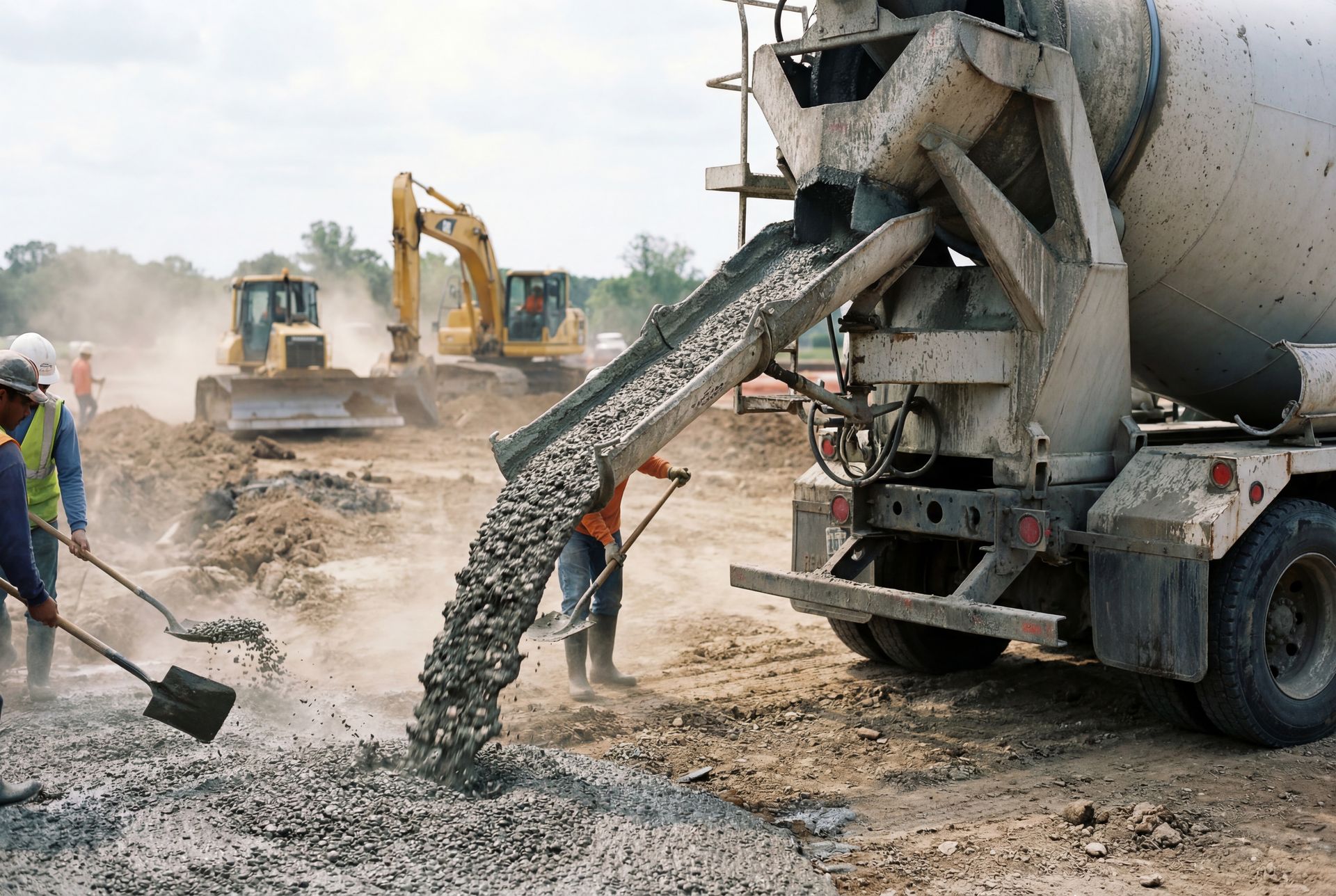 Une bétonnière déverse du béton sur un chantier de construction, avec des ouvriers utilisant des pelles et des engins lourds en arrière-plan.