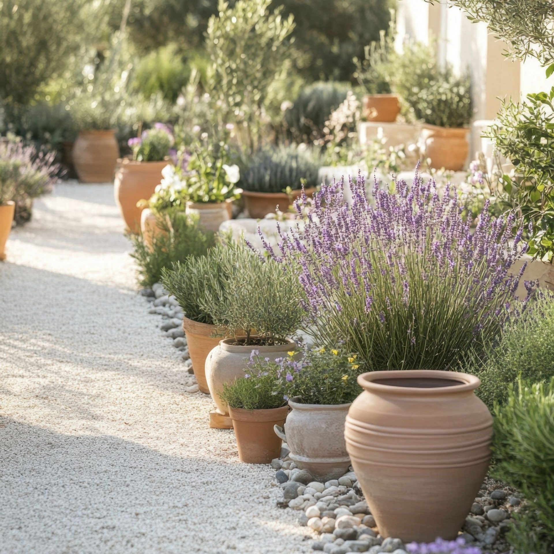 Allée de jardin ensoleillée bordée de pots en terre cuite et de lavande.