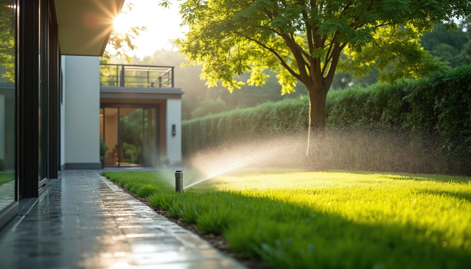 Maison moderne baignée de soleil avec jardin, arbre et système d'arrosage automatique dans une cour arrière aménagée.