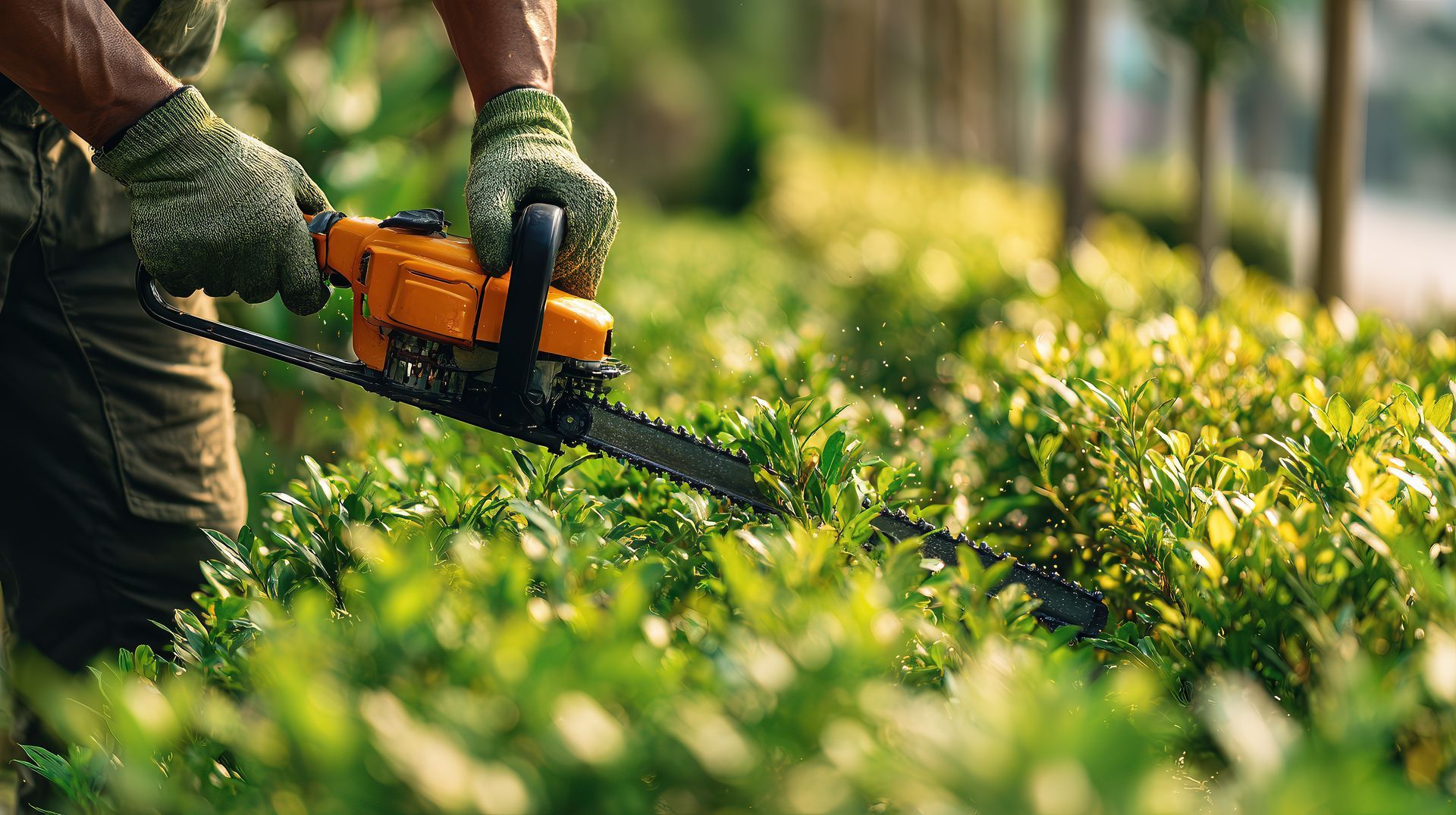 Une personne utilise un taille-haie orange dans un jardin ensoleillé.