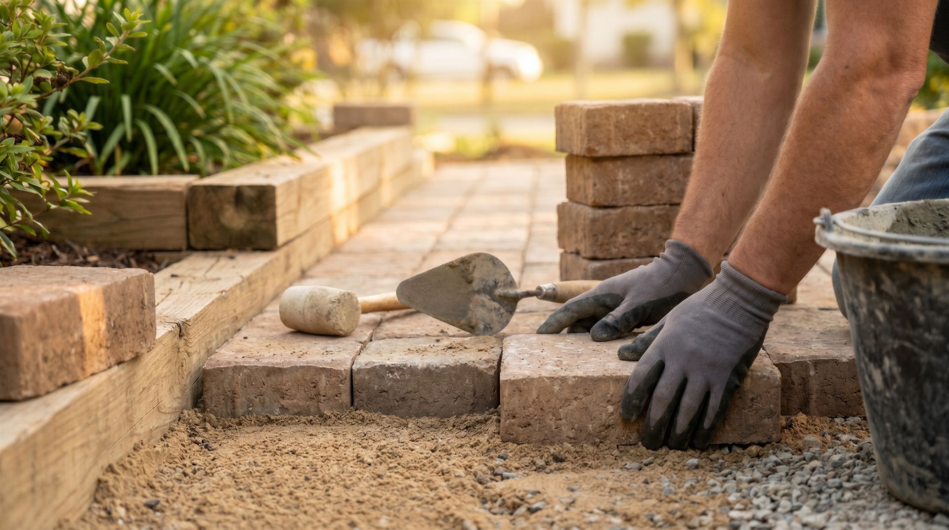 Un ouvrier pose des pavés avec des gants dans une allée de jardin.