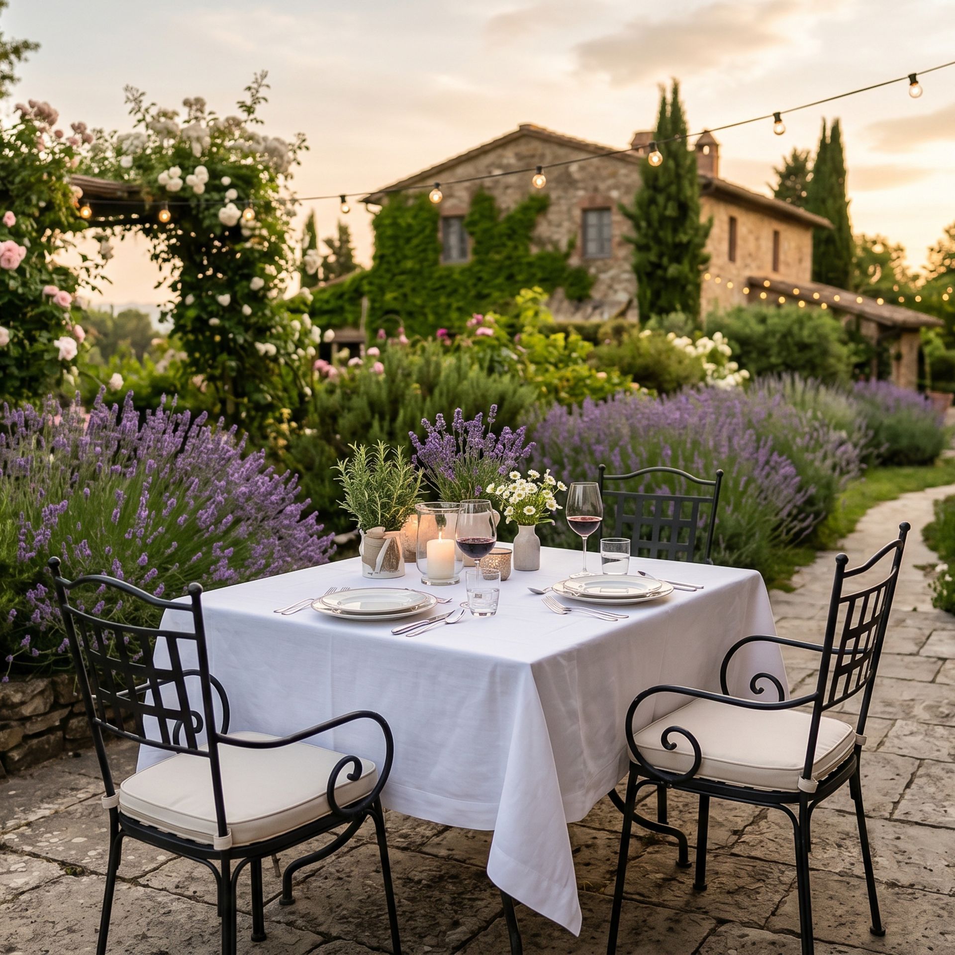 Table à manger extérieure avec nappes blanches dans un jardin de lavande, à côté d'une villa en pierre au coucher du soleil.