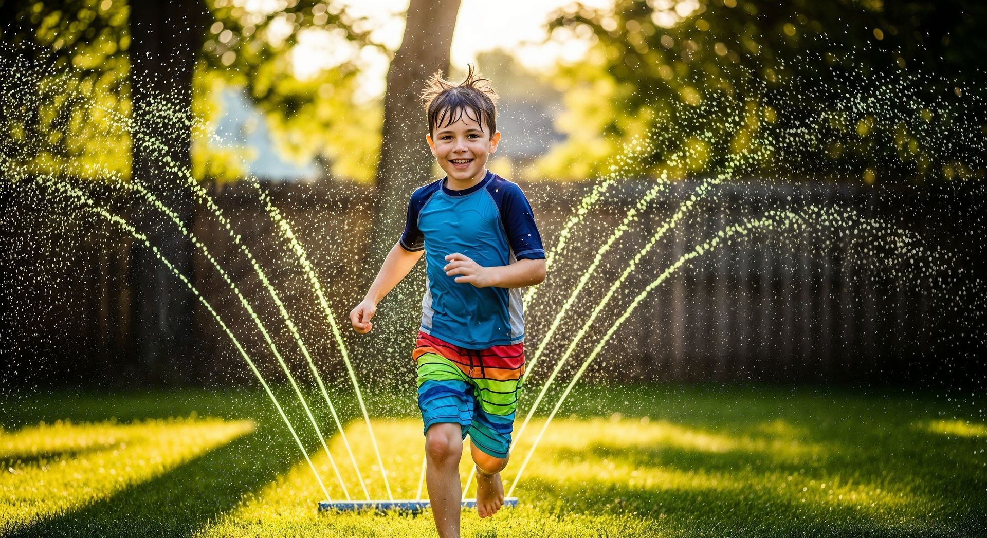 Enfant courant sous les jets d'un arroseur automatique dans un jardin ensoleillé, souriant.