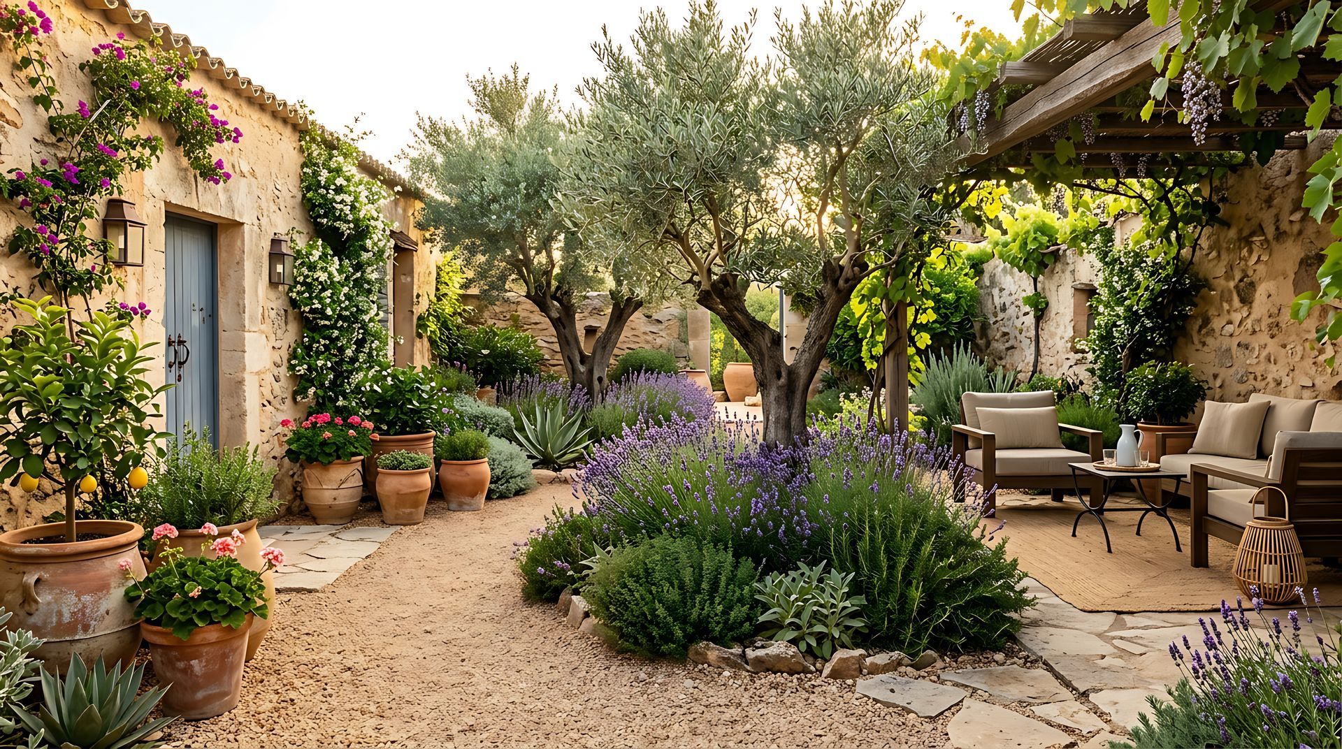 Charmant jardin intérieur avec des plantes en pot, des oliviers et un coin salon sur la terrasse jouxtant une maison en pierre.