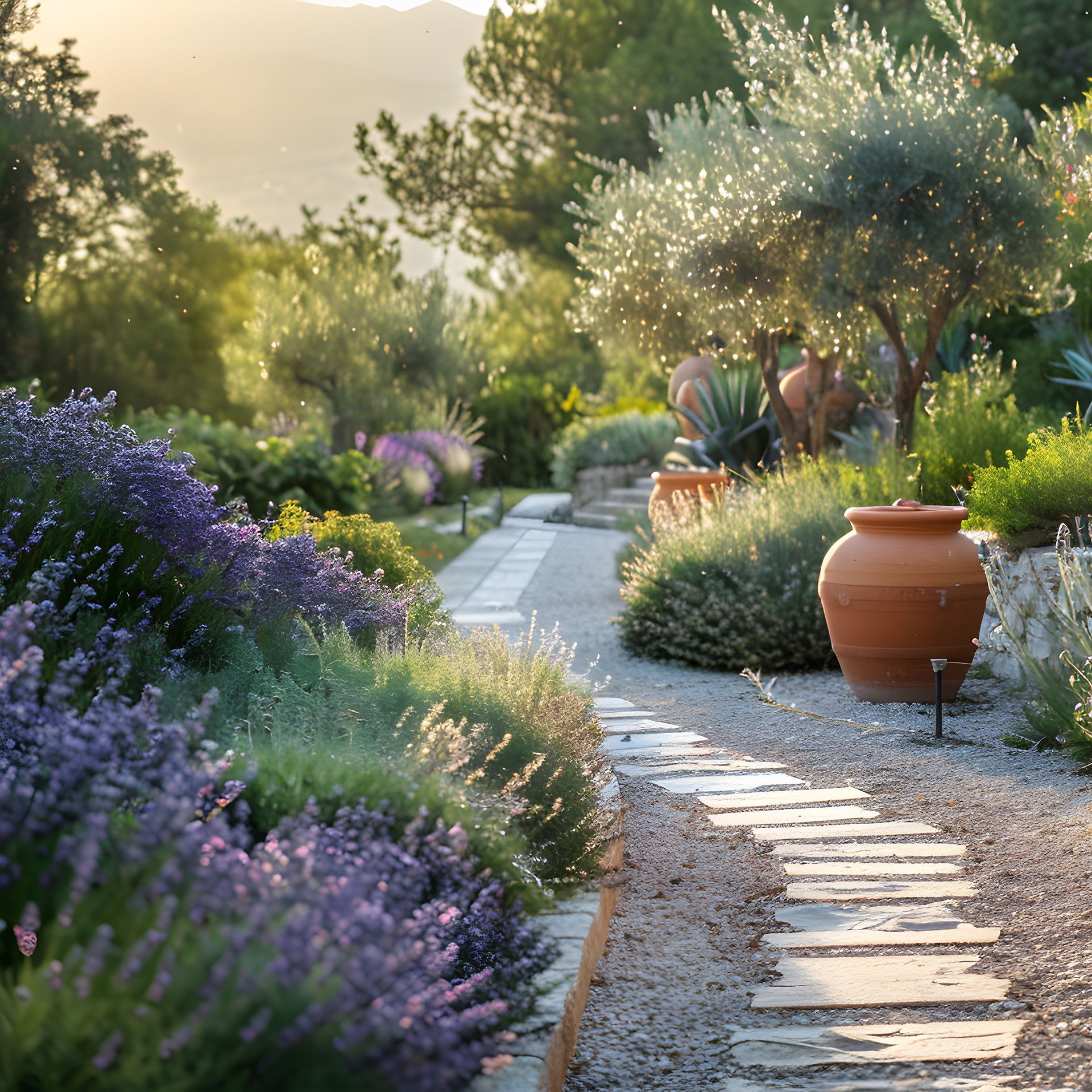 Allée de jardin ensoleillée bordée de fleurs violettes, d'arbustes et d'un pot en terre cuite.
