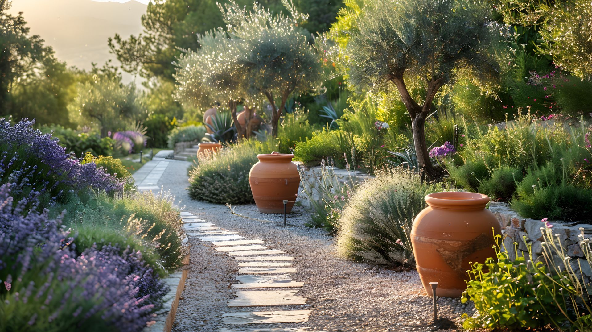 Allée de jardin ensoleillée bordée de lavande, d'arbustes et de pots en terre cuite.