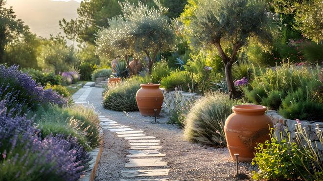 Allée ensoleillée bordée de pots en terre cuite, de lavande et d'une végétation luxuriante.