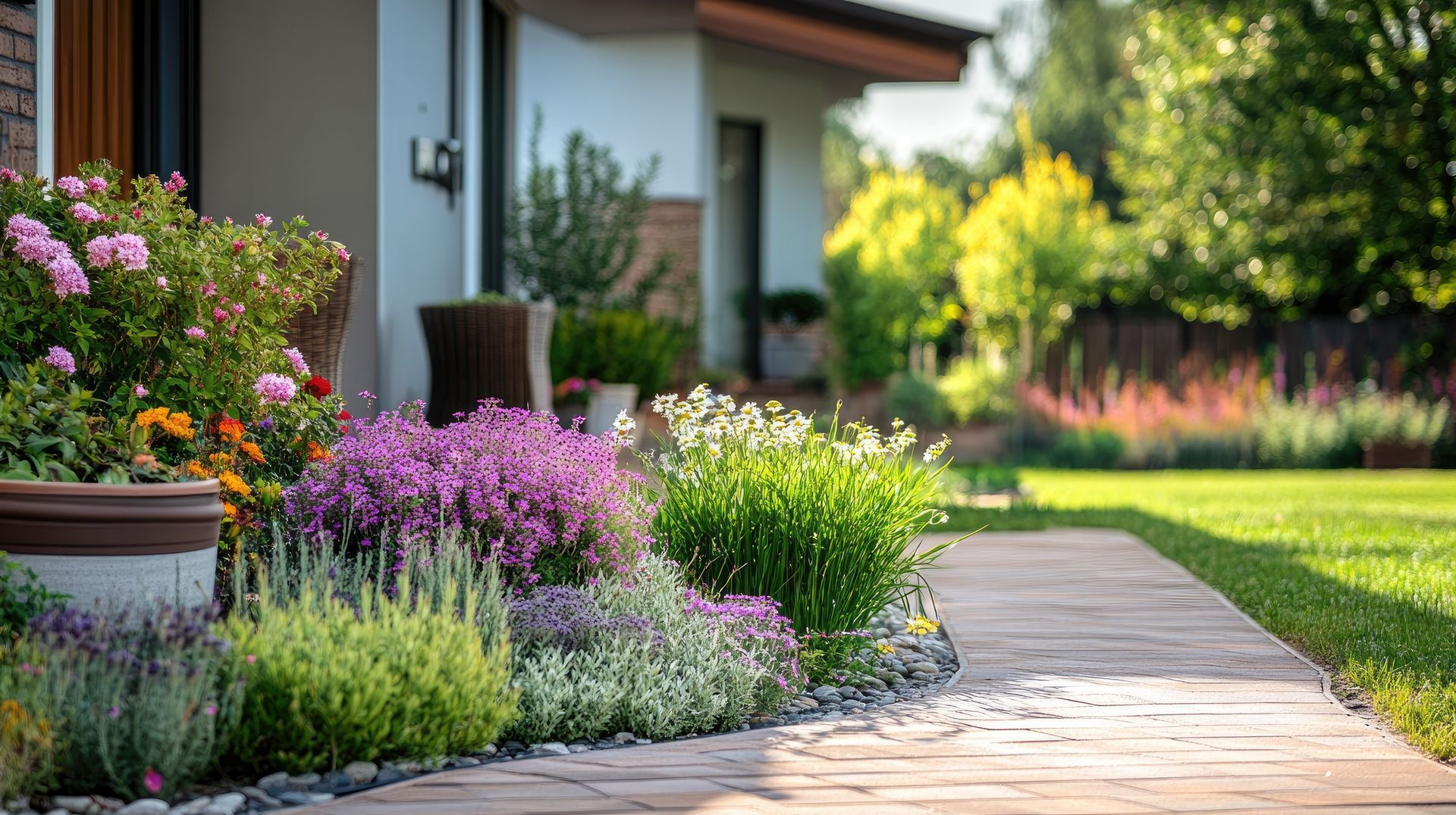 Allée de jardin longeant une maison, ornée de fleurs roses et violettes et de verdure ensoleillées.
