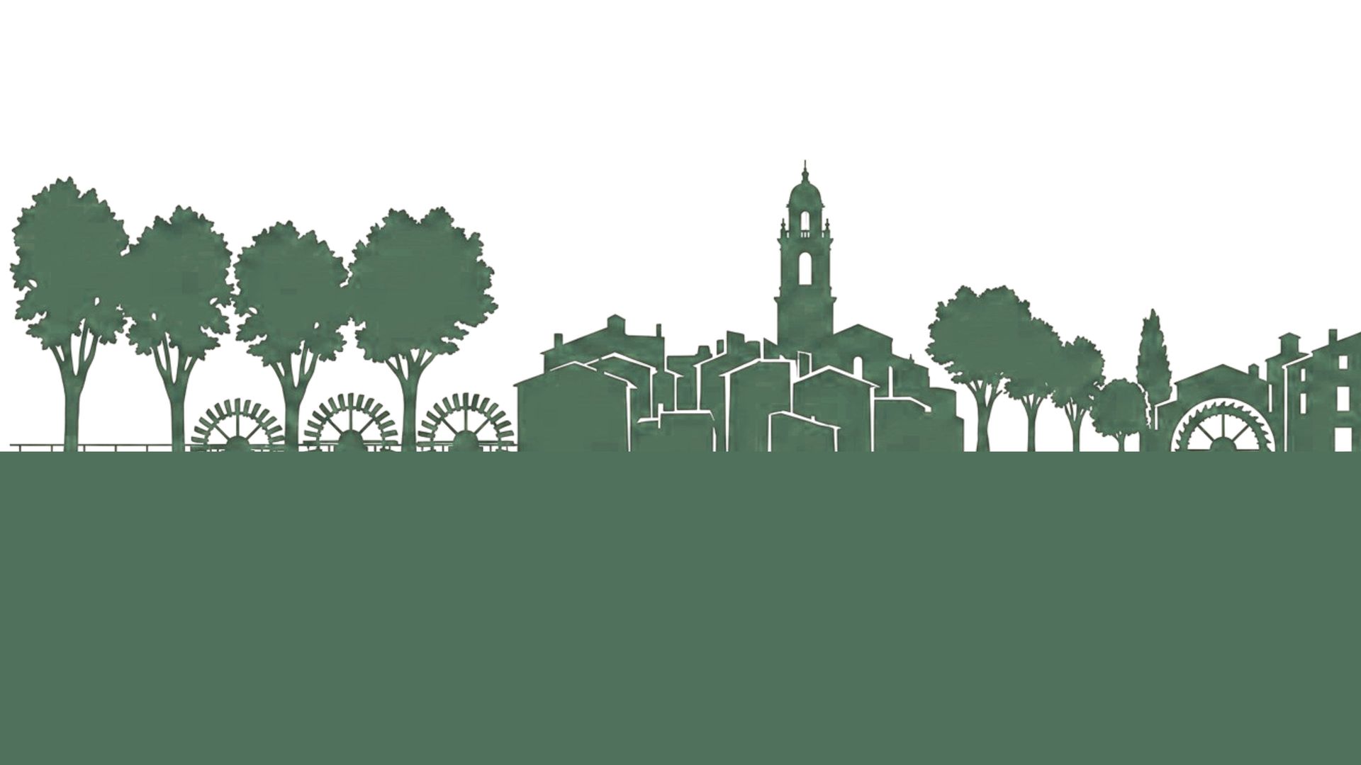 Silhouette verte d'arbres, de bâtiments de ville et d'une tour d'horloge sur fond blanc.