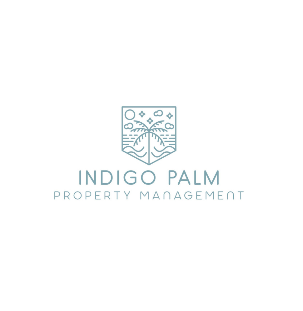 Indigo Palm Property Management logo with palm tree shield icon in teal-gray