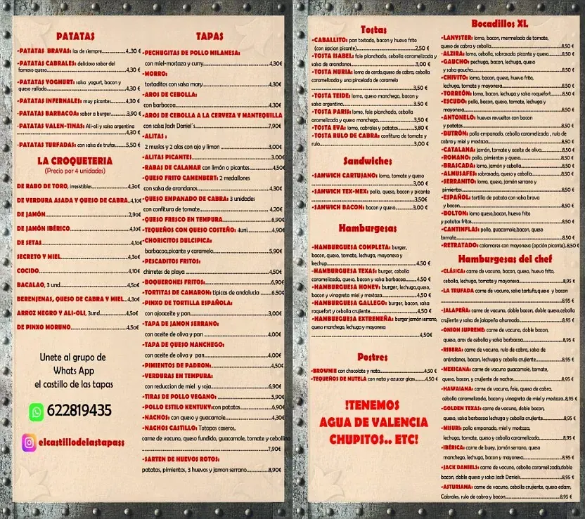 Tablero de menú con categorías de comida española.