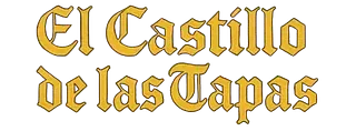 Las palabras "El Castillo de las Tapas" en letras adornadas de color dorado sobre un fondo blanco.