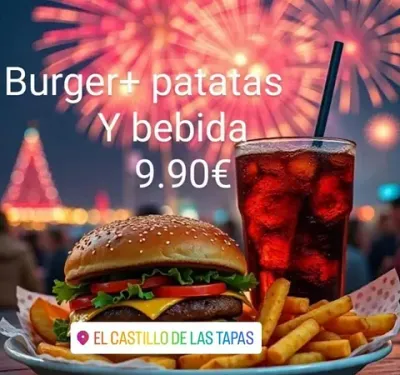 Menú de hamburguesa, patatas fritas y bebida por 9,90 €. Restaurante: El Castillo de las Tapas.