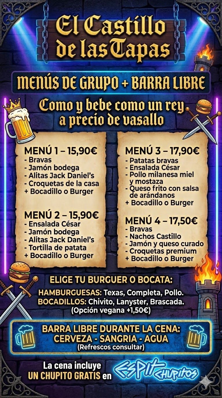 Menú con opciones para grupos, barra libre. Texto en español, incluye opciones veganas/vegetarianas, hamburguesas y sándwiches.