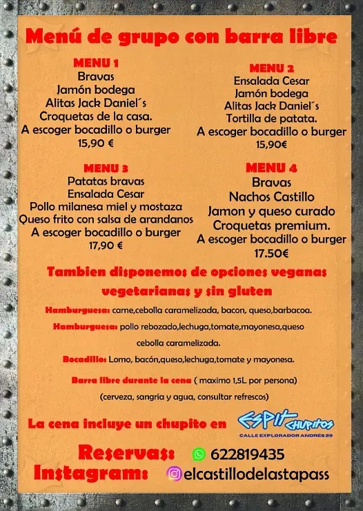 Menú para grupo con barra libre, con platos variados, opciones veganas y chupito incluido en El Castillo De Las Tapas.