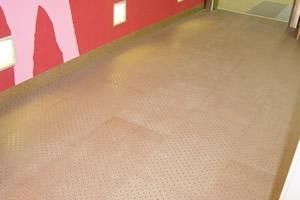 Una habitación con suelo alfombrado y una pared roja.