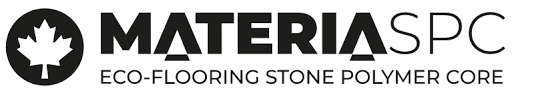 Un logotipo en blanco y negro para materialespc, suelo ecológico de piedra con núcleo de polímero.