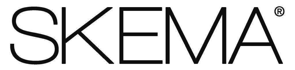 Un logotipo en blanco y negro para Skema sobre un fondo blanco.