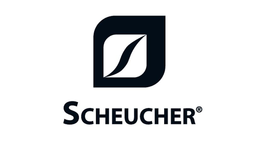 Un logotipo en blanco y negro de Scheucher sobre un fondo blanco.