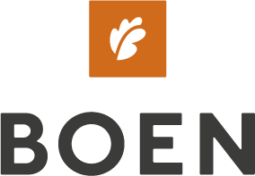 Un logotipo para Boen con una hoja en un cuadrado.