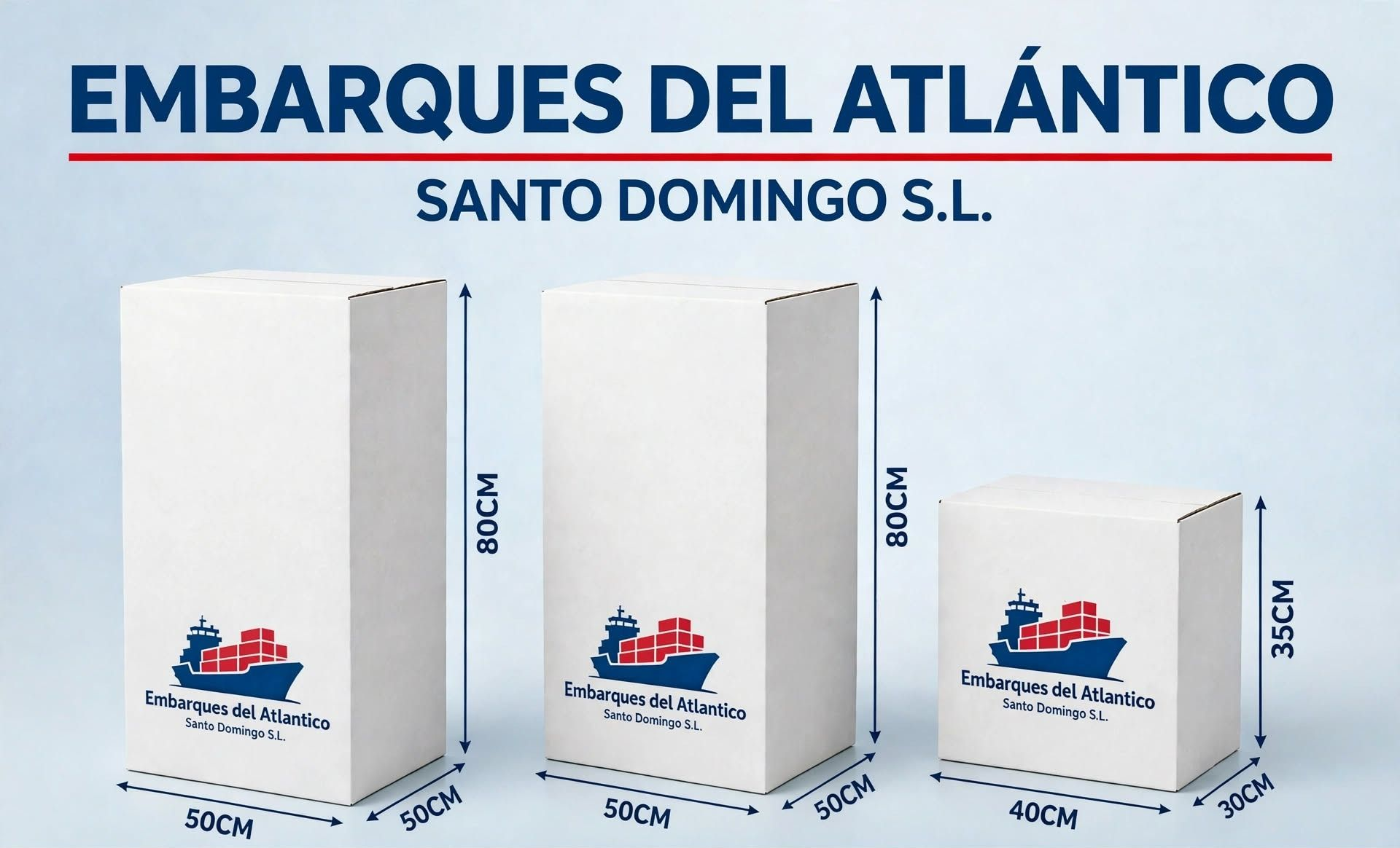 Promoción de Embarques del Atlántico Santo Domingo S.L. con tres cajas blancas de distintos tamaños