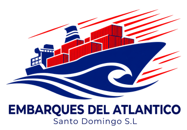 Logotipo de Embaraques del Atlantico, con un barco azul, contenedores de carga rojos y el texto &laquo;Santo Domingo S.L.&raquo;