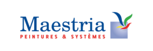 Un logo bleu et rouge pour les peintures et systèmes Maestria