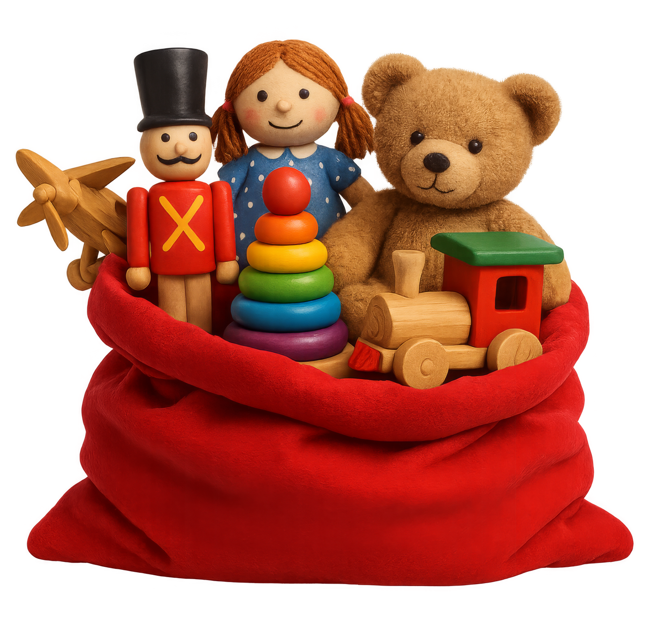 Sac rouge débordant de jouets assortis : ours en peluche, poupée, train, soldat, anneaux à empiler et avion en bois.