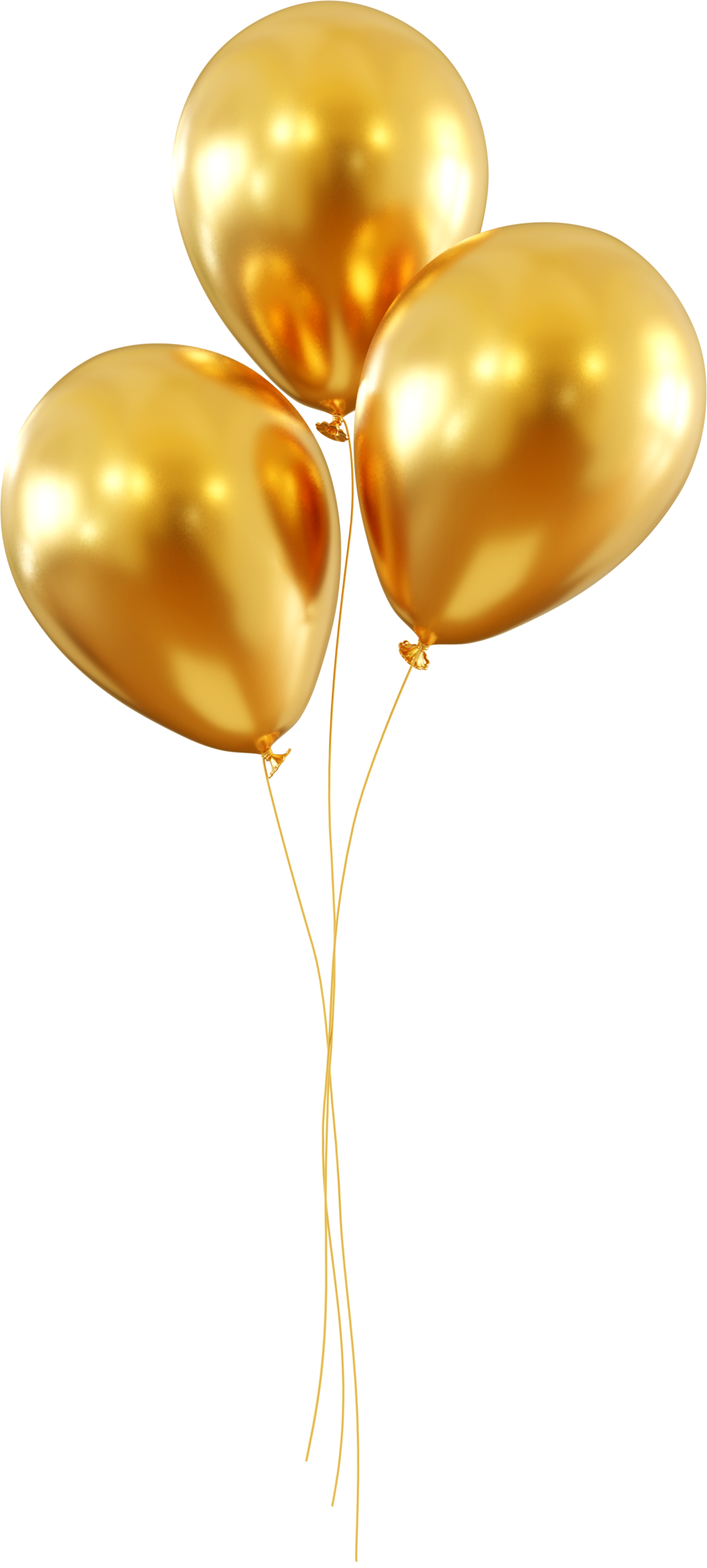 Trois ballons dorés attachés ensemble, flottant sur un fond blanc.