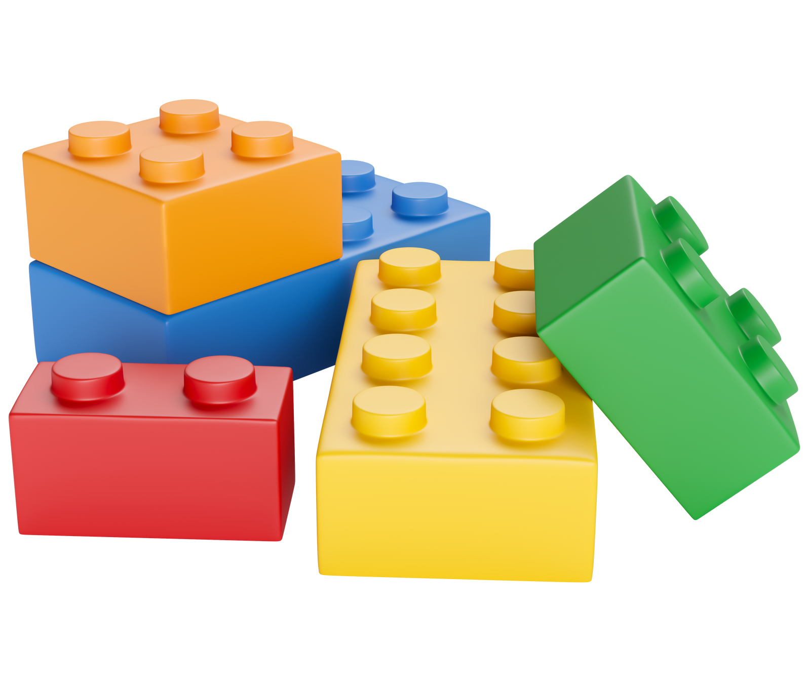 Blocs de construction en plastique colorés : orange, bleu, rouge, vert et jaune.