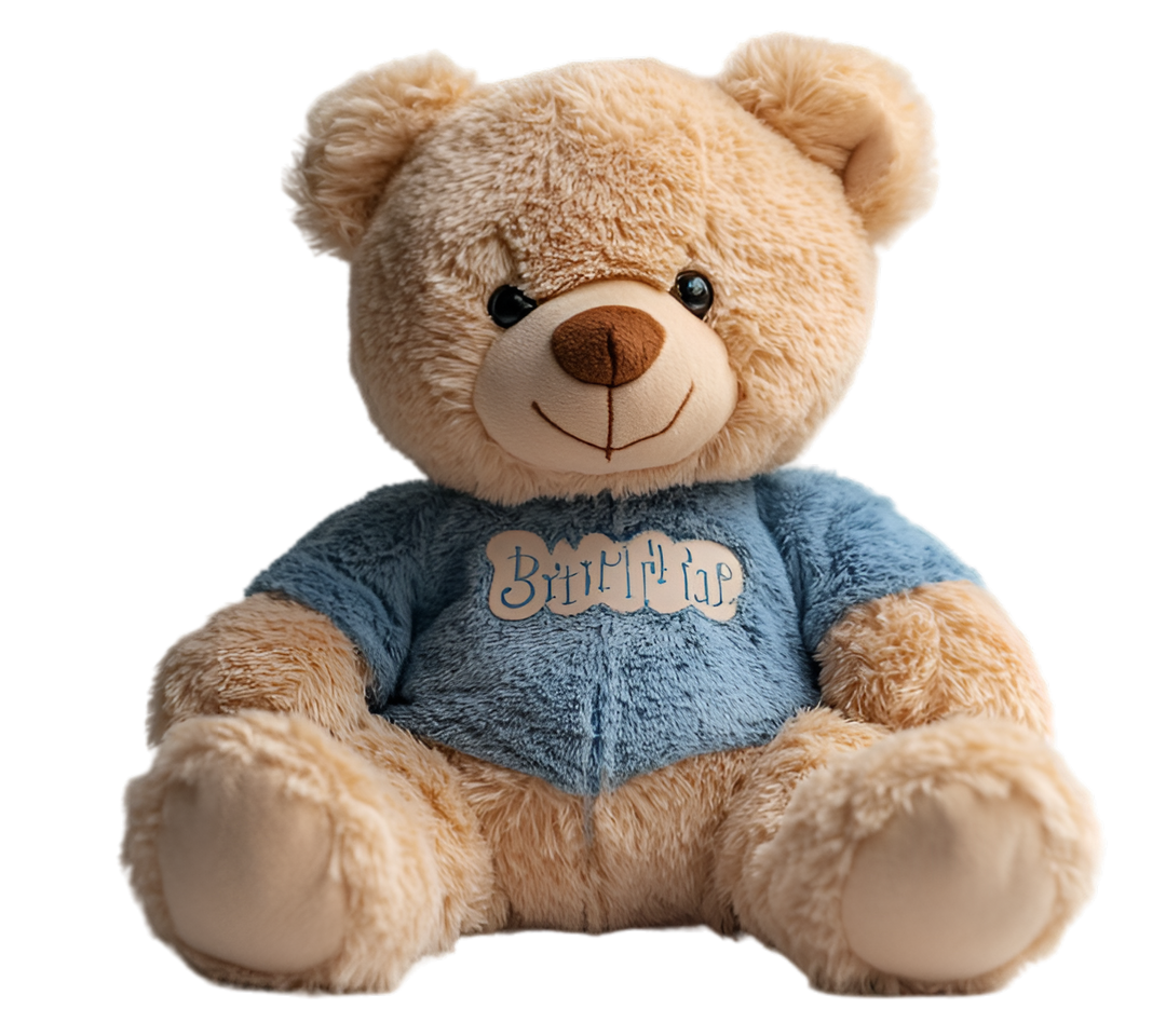 Ours en peluche beige portant un t-shirt bleu.