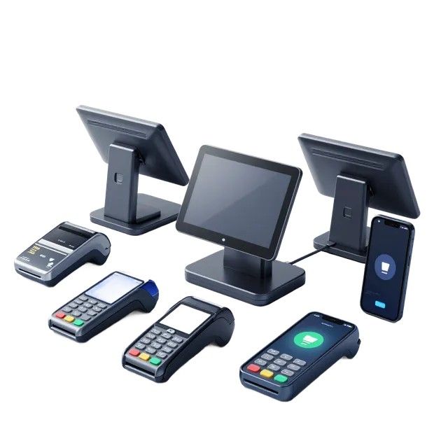 Tres terminales de punto de venta y lectores de tarjetas sobre un fondo blanco, que muestran opciones de pago sin contacto.