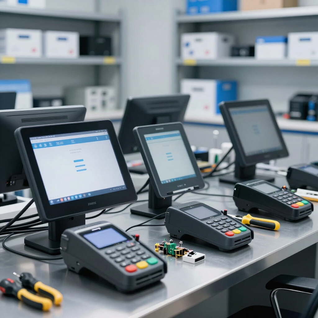 Tabletas de pago y lectores de tarjetas en un mostrador en el espacio de trabajo de una tienda de tecnología.
