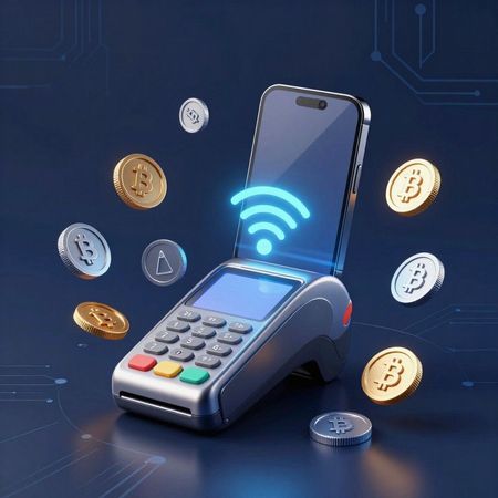 Terminal de pago sin contacto con teléfono inteligente y monedas de criptomoneda flotando sobre un fondo azul.