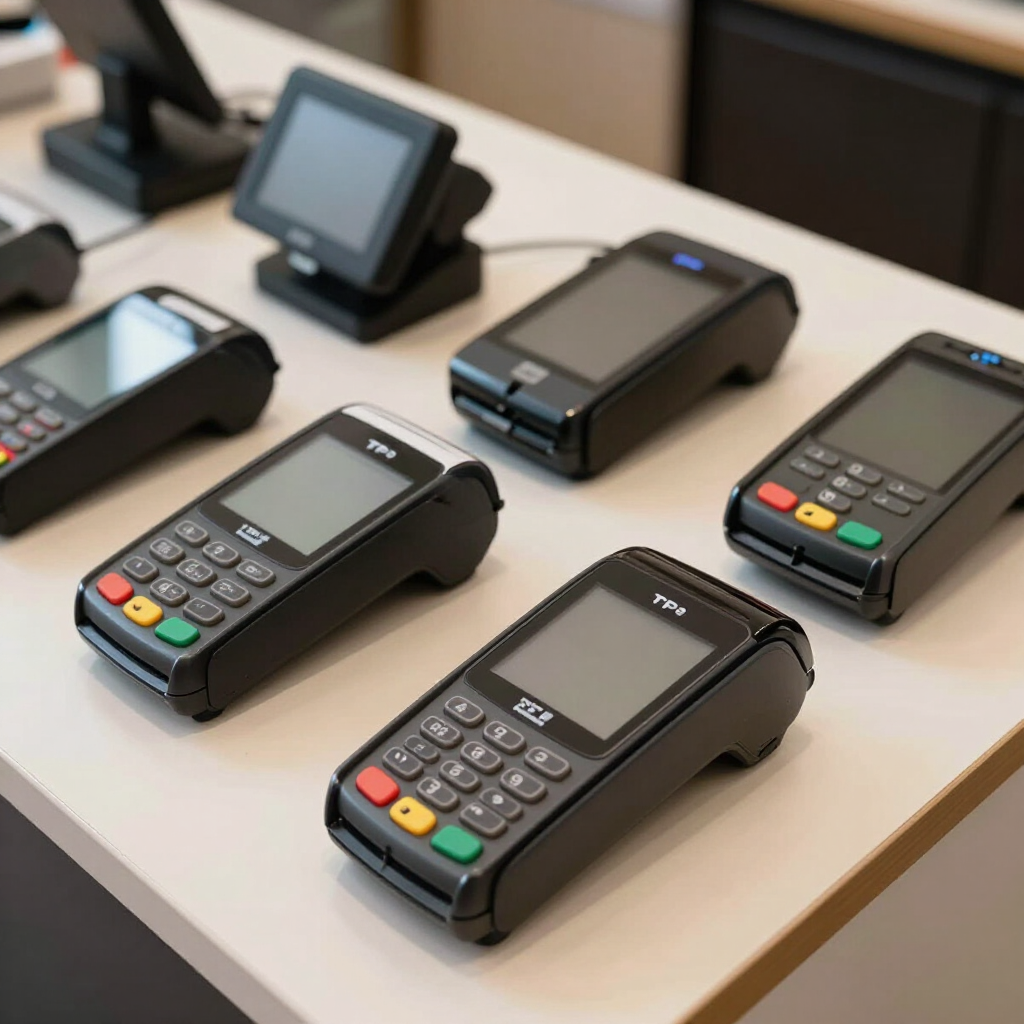 Varios terminales de pago portátiles sobre un escritorio, dispositivos negros con teclados y pantallas.