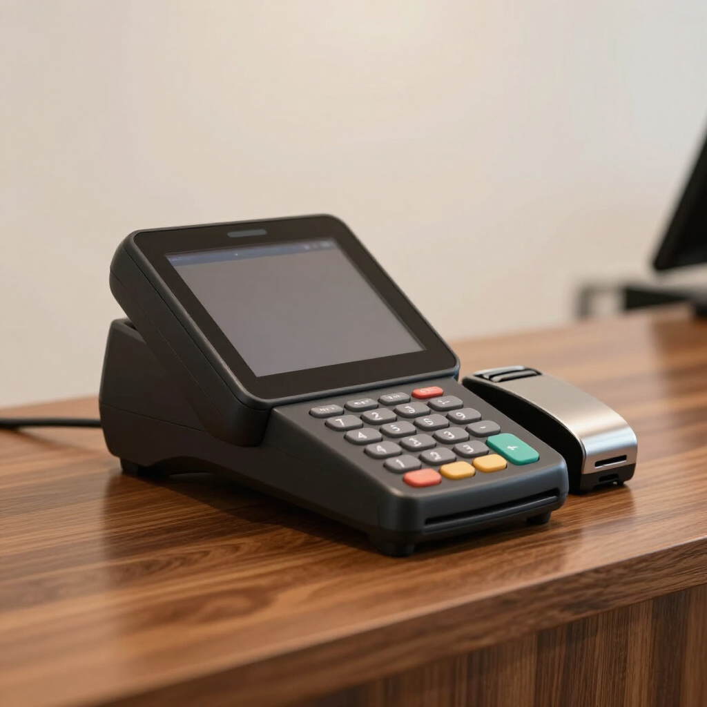 Terminal de pago con pantalla táctil y lector de tarjetas sobre un mostrador de madera.