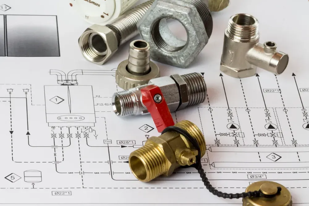 Componentes de fontanería, incluyendo válvulas, conectores y una pieza metálica, dispuestos sobre un dibujo