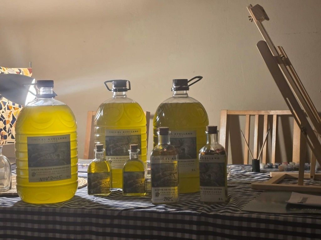 En un taller, varias jarras grandes de líquido amarillo y botellas más pequeñas estaban dispuestas sobre una mesa a cuadros.