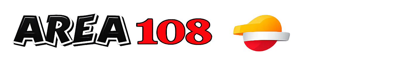 Logotipo de AREA 108 en negro y rojo con un peque&ntilde;o icono circular naranja y blanco sobre un fondo blanco.