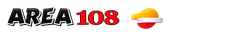 Logotipo de AREA 108 en negro y rojo con un peque&ntilde;o icono circular naranja y blanco sobre un fondo blanco.