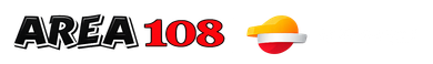 Logotipo de AREA 108 en negro y rojo con un peque&ntilde;o icono circular naranja y blanco sobre un fondo blanco.