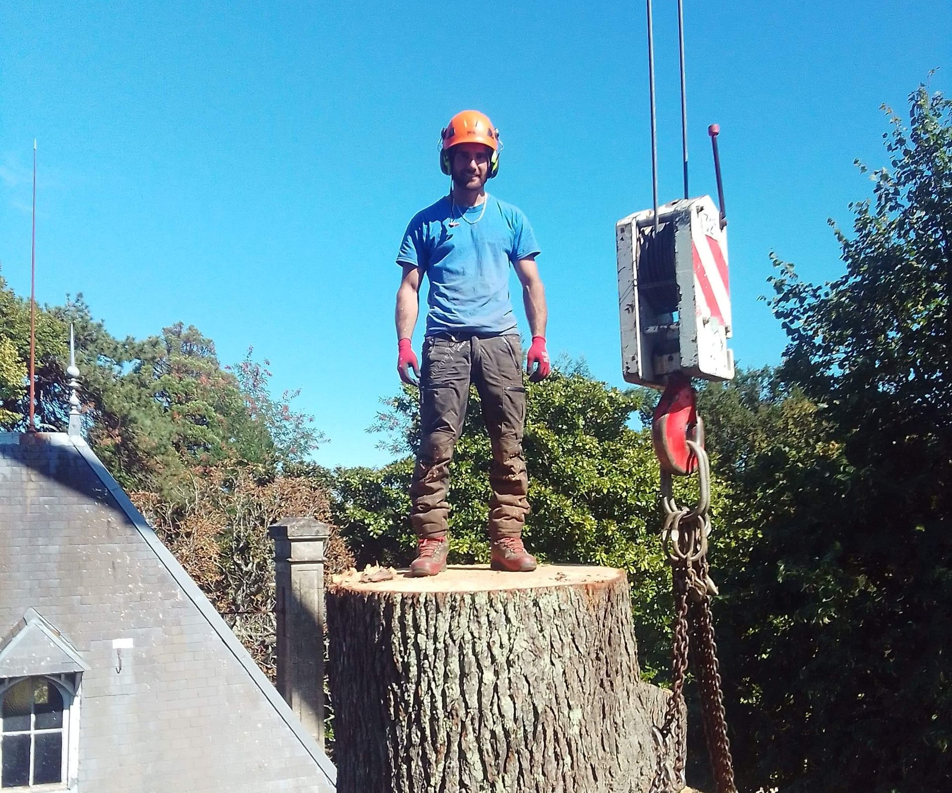 Un ouvrier portant un casque orange se tient debout sur une souche d'arbre à côté d'une nacelle élévatrice suspendue, à l'extérieur.