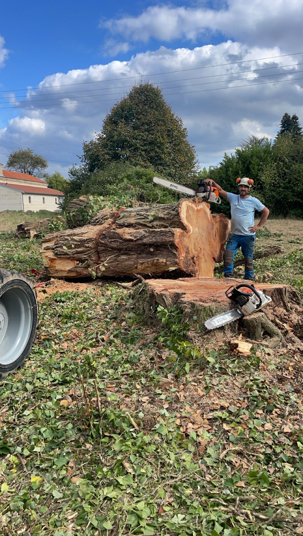 Un ouvrier se tient debout à côté d'un gros tronc d'arbre abattu sur un flanc de colline avec de l'herbe sous un ciel bleu nuageux.
