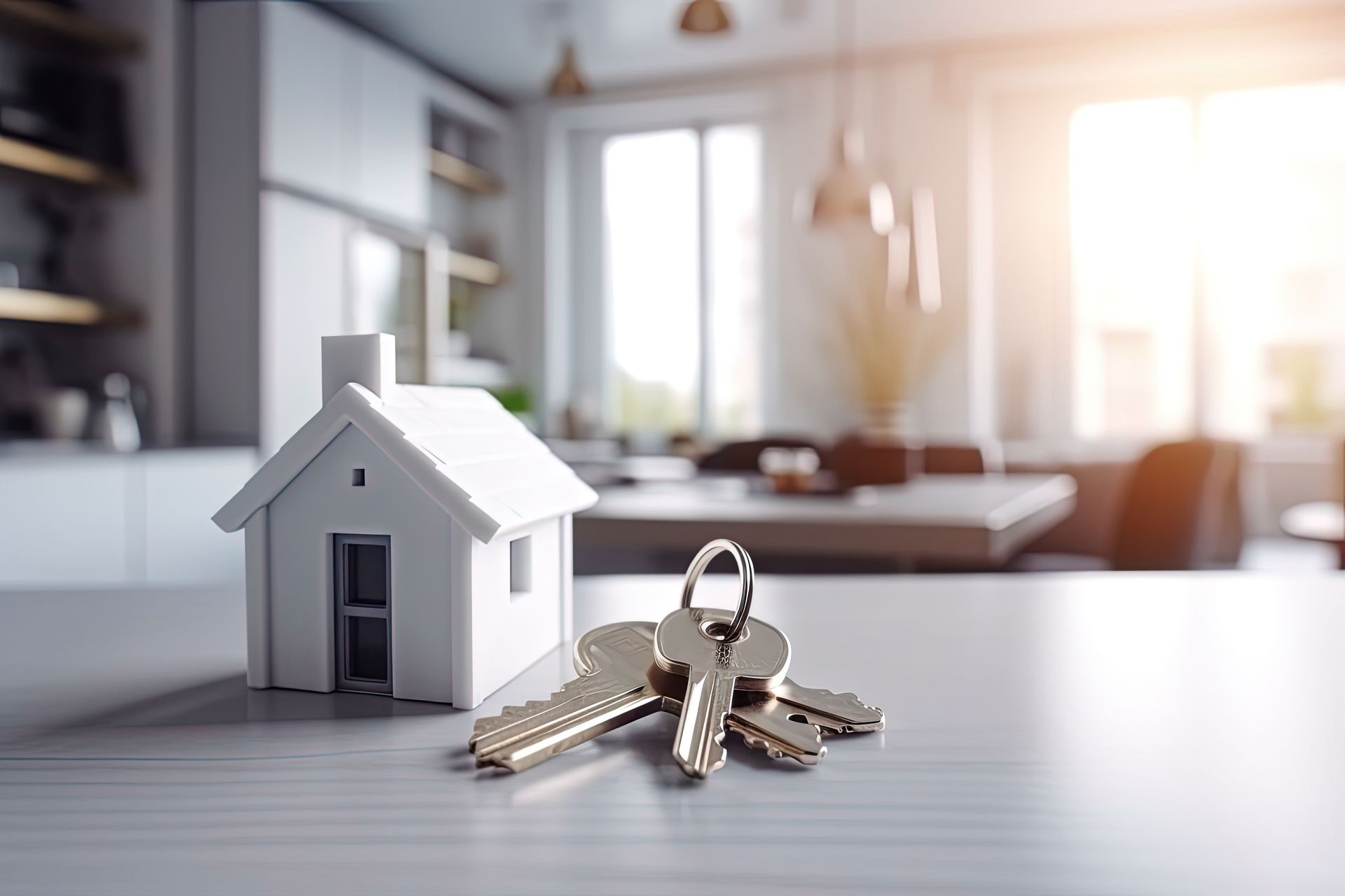 Photo d'une petite maison en bois avec des clefs à côté.